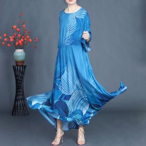 Blue Patterned Flounced Empire Waist Dress