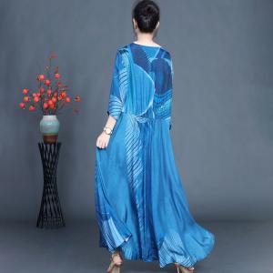 Blue Patterned Flounced Empire Waist Dress