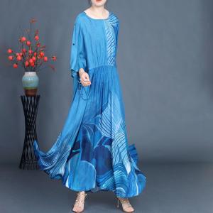 Blue Patterned Flounced Empire Waist Dress