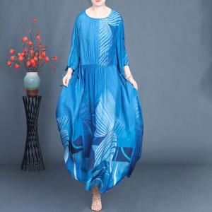 Blue Patterned Flounced Empire Waist Dress