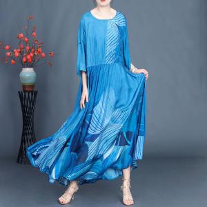 Blue Patterned Flounced Empire Waist Dress