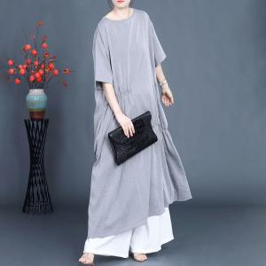 Japandi Fashion Drawstring Waist Half Sleeve Flax Midi Dress