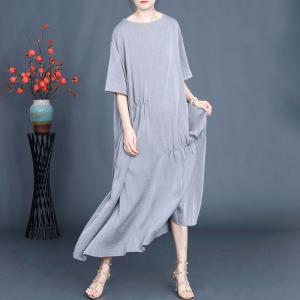Japandi Fashion Drawstring Waist Half Sleeve Flax Midi Dress