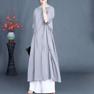 Japandi Fashion Drawstring Waist Half Sleeve Flax Midi Dress