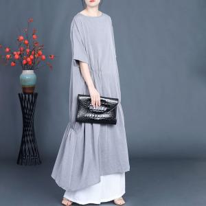 Japandi Fashion Drawstring Waist Half Sleeve Flax Midi Dress