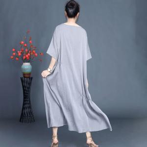 Japandi Fashion Drawstring Waist Half Sleeve Flax Midi Dress