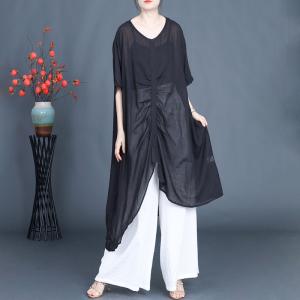 Asymmetrical Pleated Cotton Linen Sheer Tunic