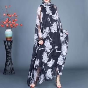 White Flowers High Collar Black Sheer Silk Dress
