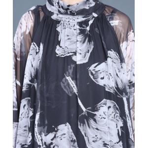 White Flowers High Collar Black Sheer Silk Dress