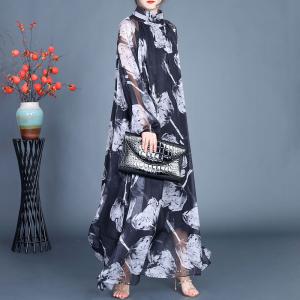 White Flowers High Collar Black Sheer Silk Dress