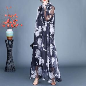 White Flowers High Collar Black Sheer Silk Dress