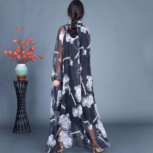 White Flowers High Collar Black Sheer Silk Dress