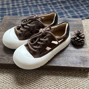 Lace Up Cowhide Leather Flat Platform Sneakers