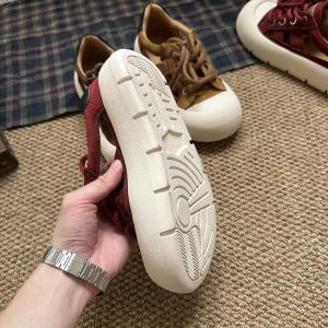 Lace Up Cowhide Leather Flat Platform Sneakers