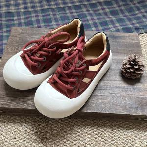 Lace Up Cowhide Leather Flat Platform Sneakers