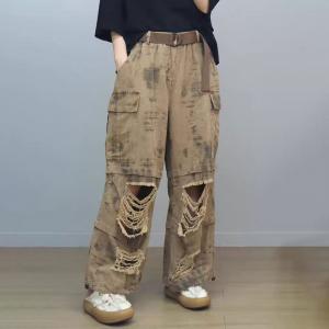 Street Fashion Ripped Khaki Wide Leg Jeans