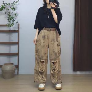 Street Fashion Ripped Khaki Wide Leg Jeans