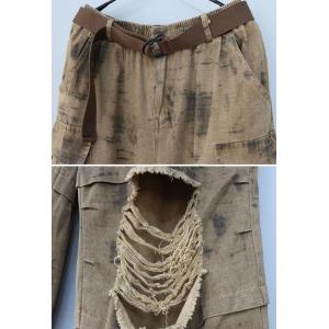Street Fashion Ripped Khaki Wide Leg Jeans