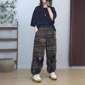 Folk Totem Pattern Black Ripped Barrel Jeans