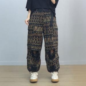 Folk Totem Pattern Black Ripped Barrel Jeans