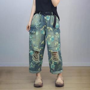 Straight Leg Printed High Rise Ripped Jeans