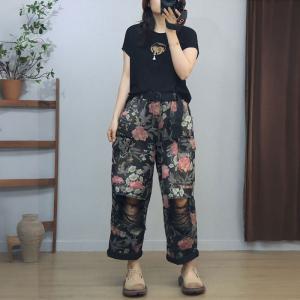 Straight Leg Printed High Rise Ripped Jeans