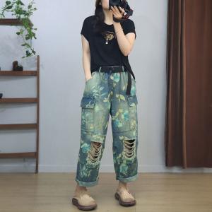 Straight Leg Printed High Rise Ripped Jeans