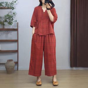 V-neck Checkered Tied Blouse with Cotton Linen Wide Leg Pants