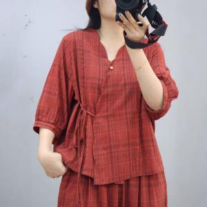V-neck Checkered Tied Blouse with Cotton Linen Wide Leg Pants