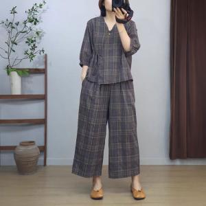 V-neck Checkered Tied Blouse with Cotton Linen Wide Leg Pants