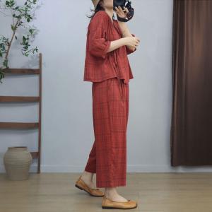 V-neck Checkered Tied Blouse with Cotton Linen Wide Leg Pants