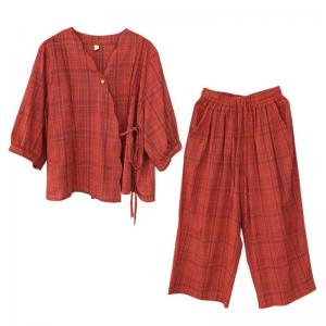 V-neck Checkered Tied Blouse with Cotton Linen Wide Leg Pants