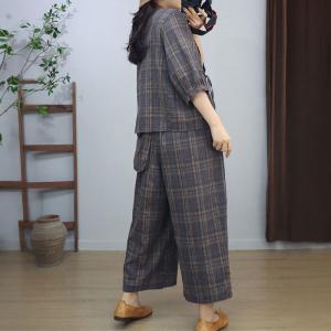 V-neck Checkered Tied Blouse with Cotton Linen Wide Leg Pants