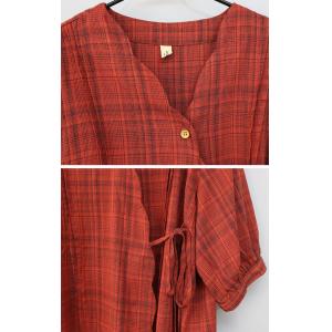 V-neck Checkered Tied Blouse with Cotton Linen Wide Leg Pants