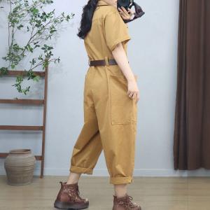 Short Sleeves Empire Waist Cotton Polo Neck Jumpsuits