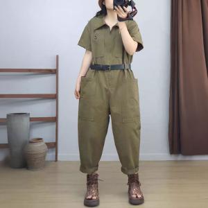 Short Sleeves Empire Waist Cotton Polo Neck Jumpsuits