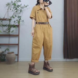 Short Sleeves Empire Waist Cotton Polo Neck Jumpsuits