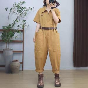 Short Sleeves Empire Waist Cotton Polo Neck Jumpsuits