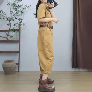 Short Sleeves Empire Waist Cotton Polo Neck Jumpsuits