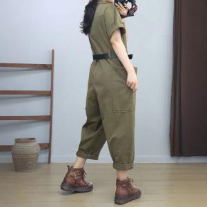 Short Sleeves Empire Waist Cotton Polo Neck Jumpsuits