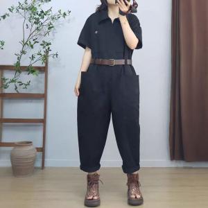 Short Sleeves Empire Waist Cotton Polo Neck Jumpsuits