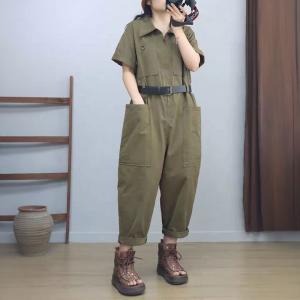Short Sleeves Empire Waist Cotton Polo Neck Jumpsuits