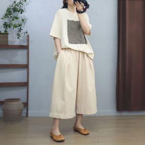 Japandi Style Plaid Patchwork Cotton Oversized T-shirt