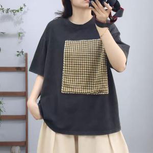 Japandi Style Plaid Patchwork Cotton Oversized T-shirt
