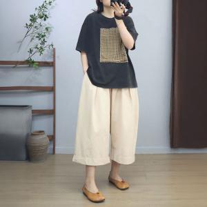 Japandi Style Plaid Patchwork Cotton Oversized T-shirt
