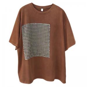 Japandi Style Plaid Patchwork Cotton Oversized T-shirt