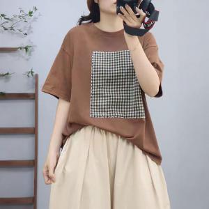 Japandi Style Plaid Patchwork Cotton Oversized T-shirt