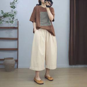 Japandi Style Plaid Patchwork Cotton Oversized T-shirt