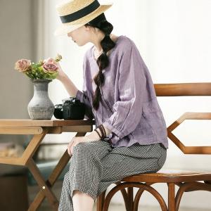 Lace Collar Ramie Pleated Swiss Dot Blouse