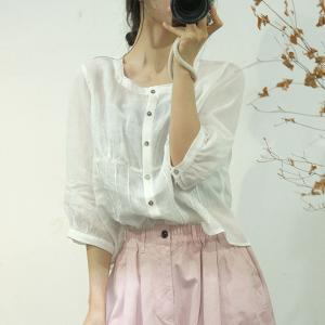 Lace Collar Ramie Pleated Swiss Dot Blouse